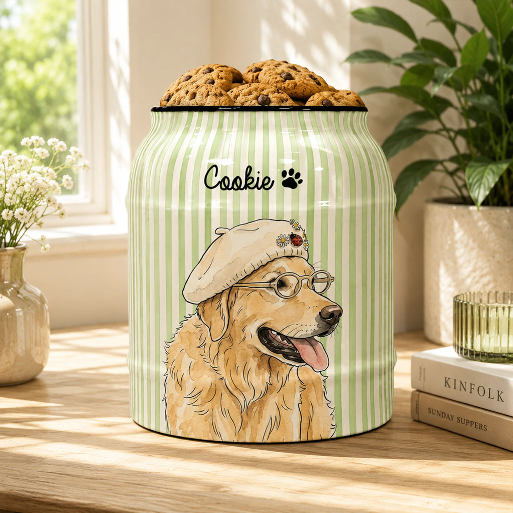 Custom Striped Pattern Watercolor Pet Portrait Treat Jar - Personalized Cookie Jar