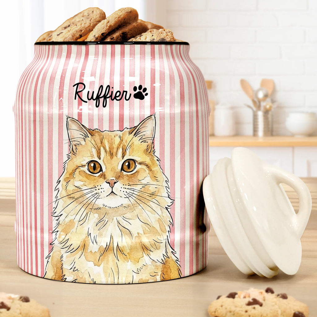 Custom Striped Pattern Watercolor Pet Portrait Treat Jar - Personalized Cookie Jar