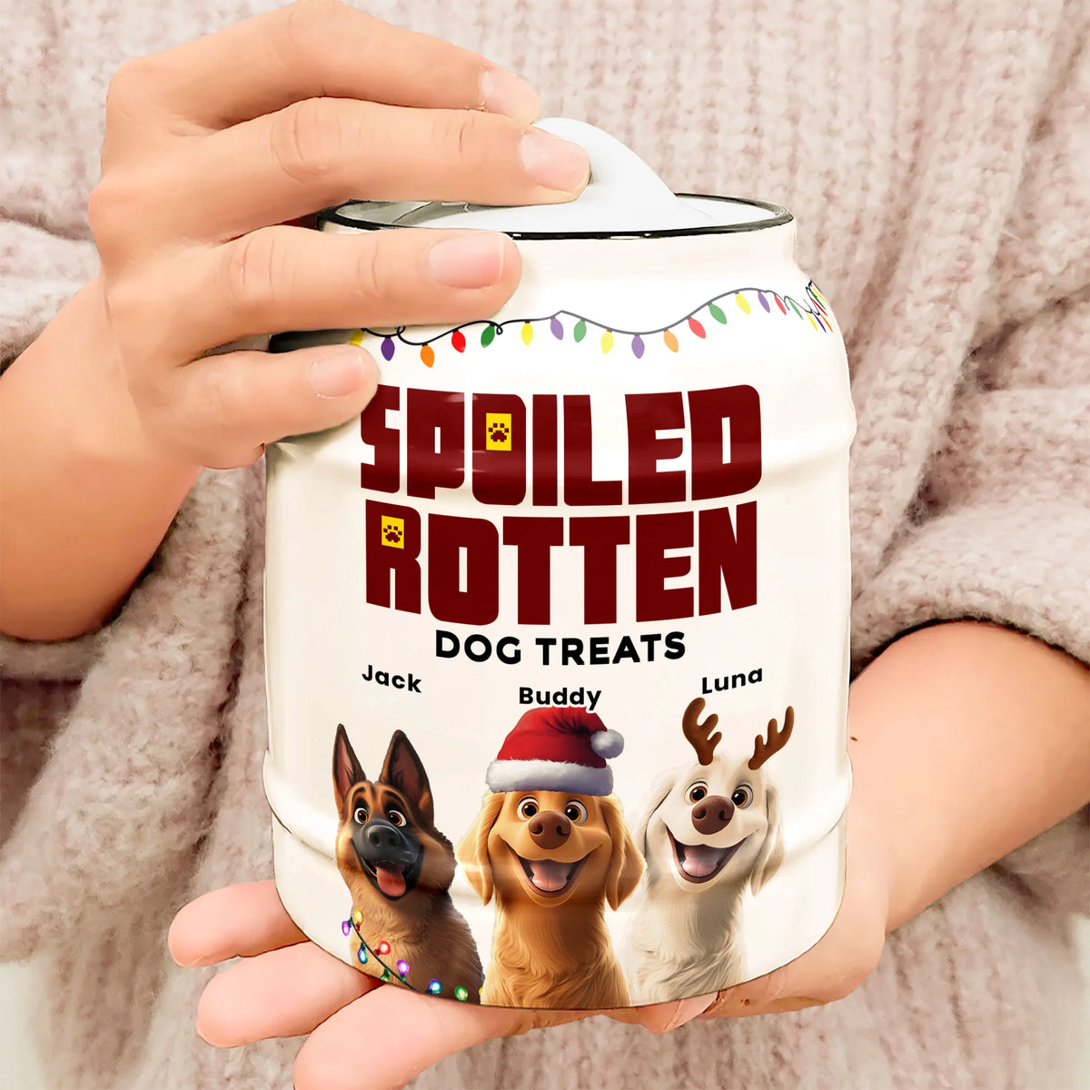 Merry Woofmas Spoiled Rotten Dog Treats - Personalized Cookie Jar