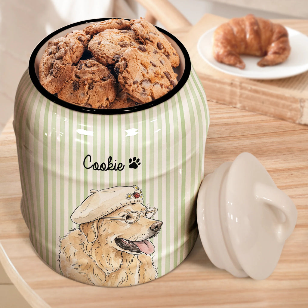Custom Striped Pattern Watercolor Pet Portrait Treat Jar - Personalized Cookie Jar