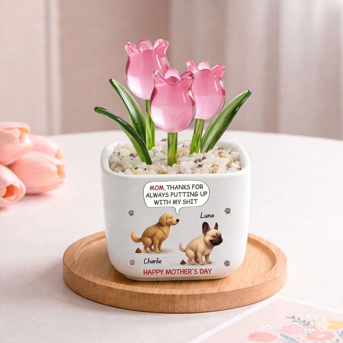 Personalized Glass Tulip Flower Pot for Dog Mom – Funny Mother's Day Gift from Dog