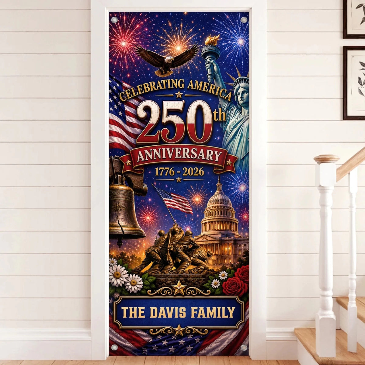 Custom Door Cover - Personalized America 250th Anniversary Gifts For Mom, Dad, Brother, Sister, Kids - Welcome To The USA Era