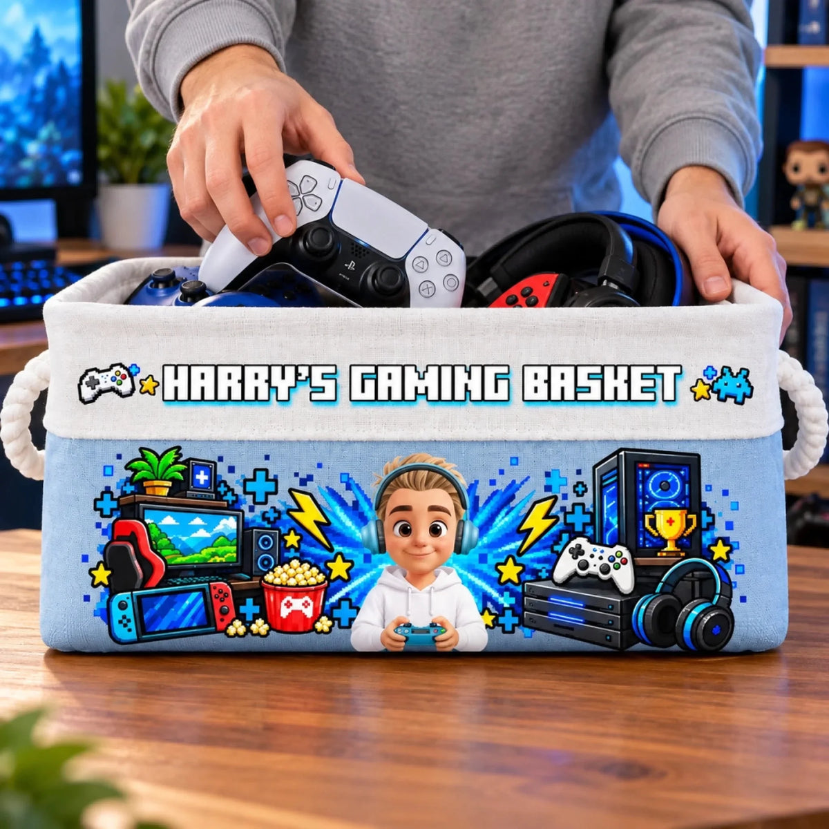 Custom Name Gamer Setup Gifts for Gamers - Personalized Storage Basket