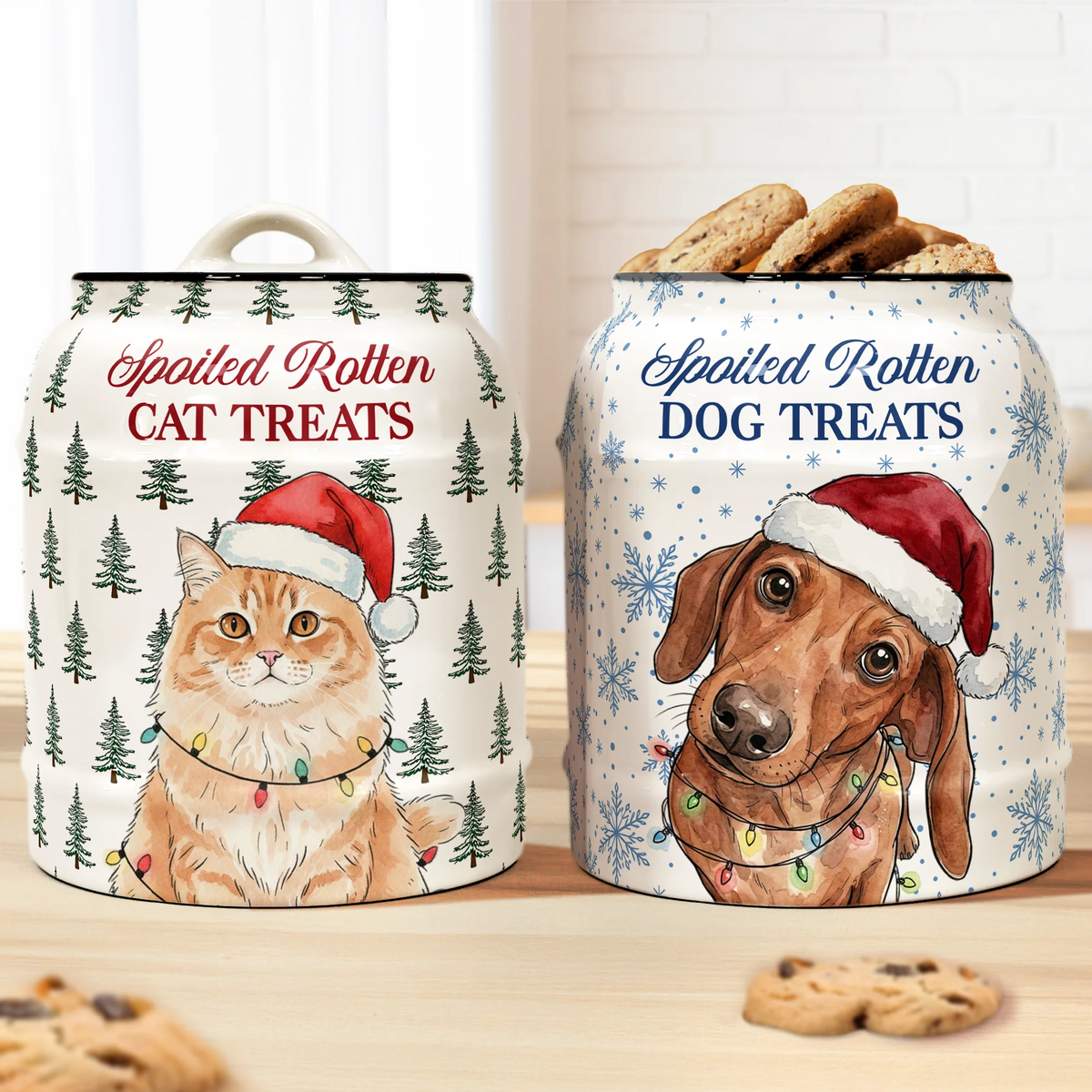 Spoiled Rotten Custom Pet Photo Watercolor Art Christmas - Personalized Cookie Jar