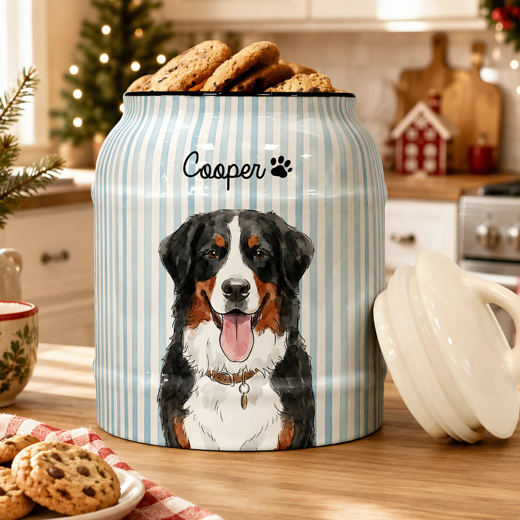 Custom Striped Pattern Watercolor Pet Portrait Treat Jar - Personalized Cookie Jar