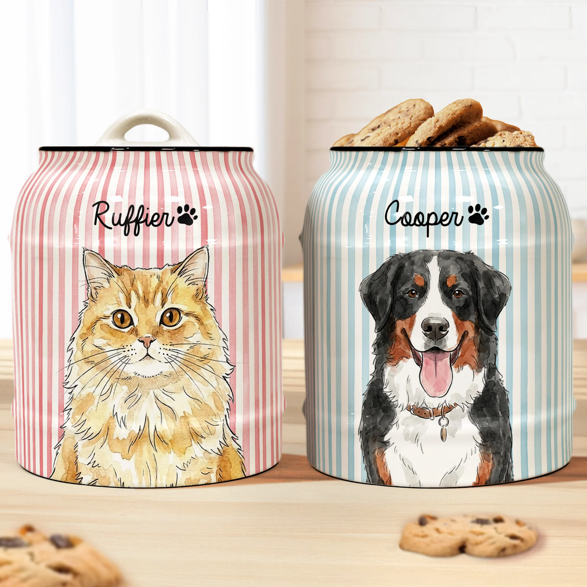 Custom Striped Pattern Watercolor Pet Portrait Treat Jar - Personalized Cookie Jar
