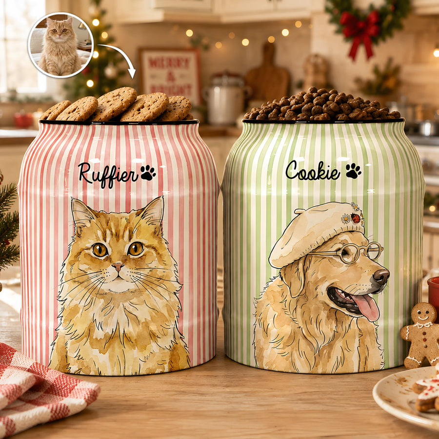Custom Striped Pattern Watercolor Pet Portrait Treat Jar - Personalized Cookie Jar