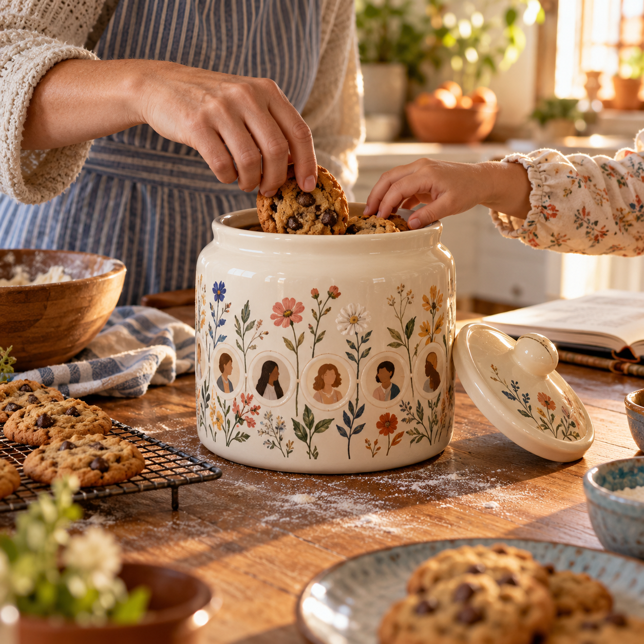 Family hands sharing homemade cookies from a personalized ceramic jar
