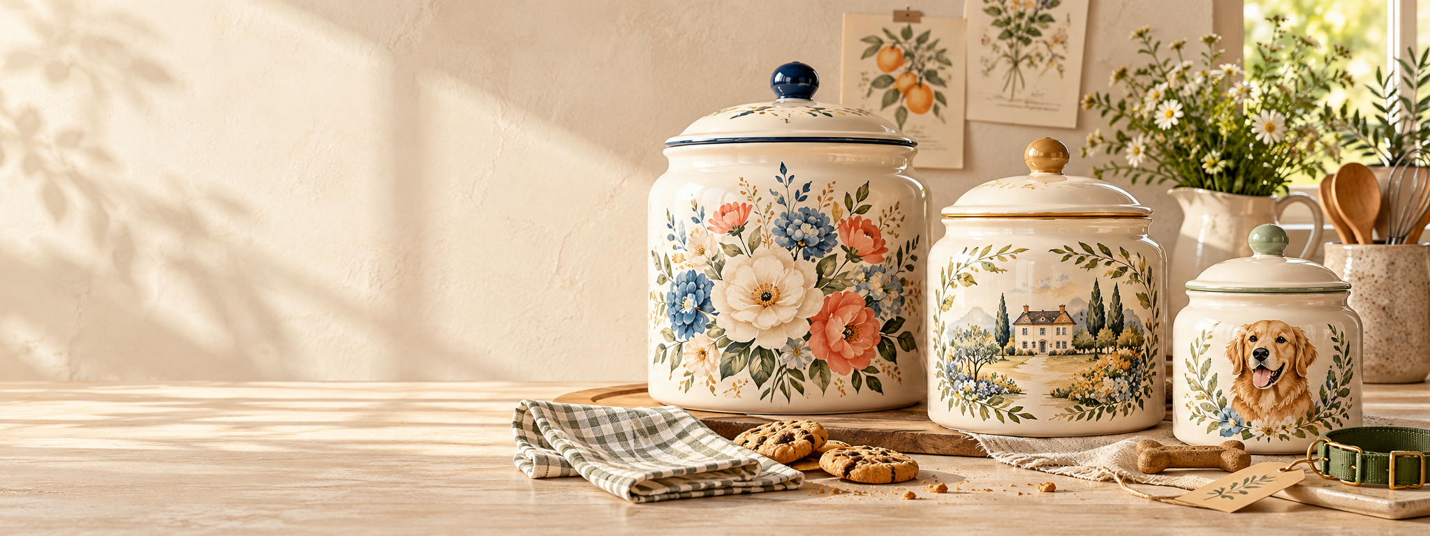 Personalized ceramic cookie and pet treat jars in a sunlit kitchen