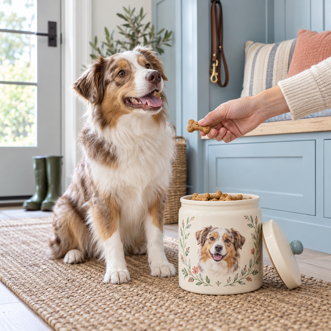 Happy dog beside a personalized ceramic treat jar